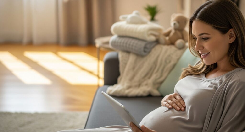 pregnant woman using a tablet