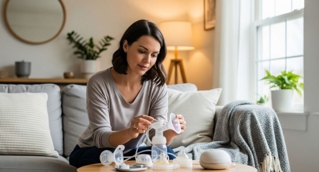 A woman troubleshooting her breast pump