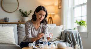 A woman troubleshooting her breast pump